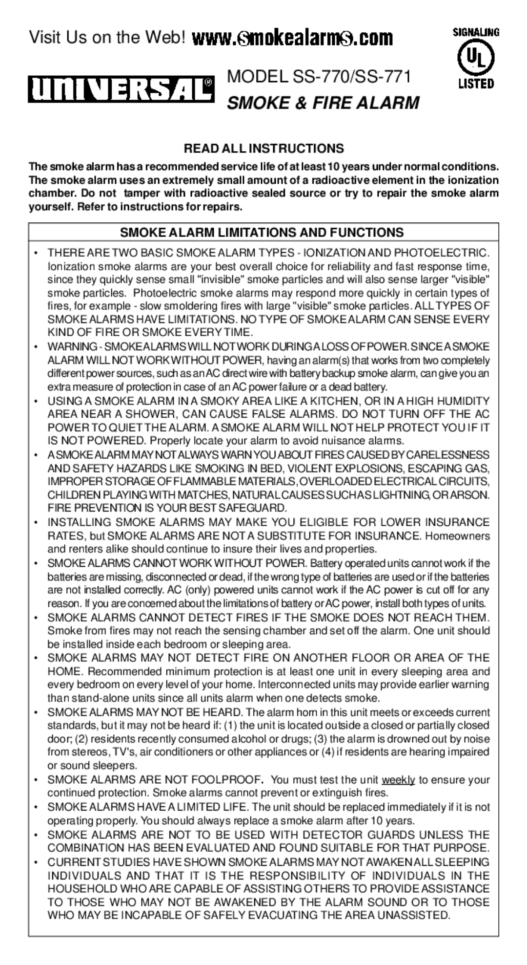 Universal SS-770, SS-771 manual Read ALL Instructions, Smoke Alarm Limitations and Functions 