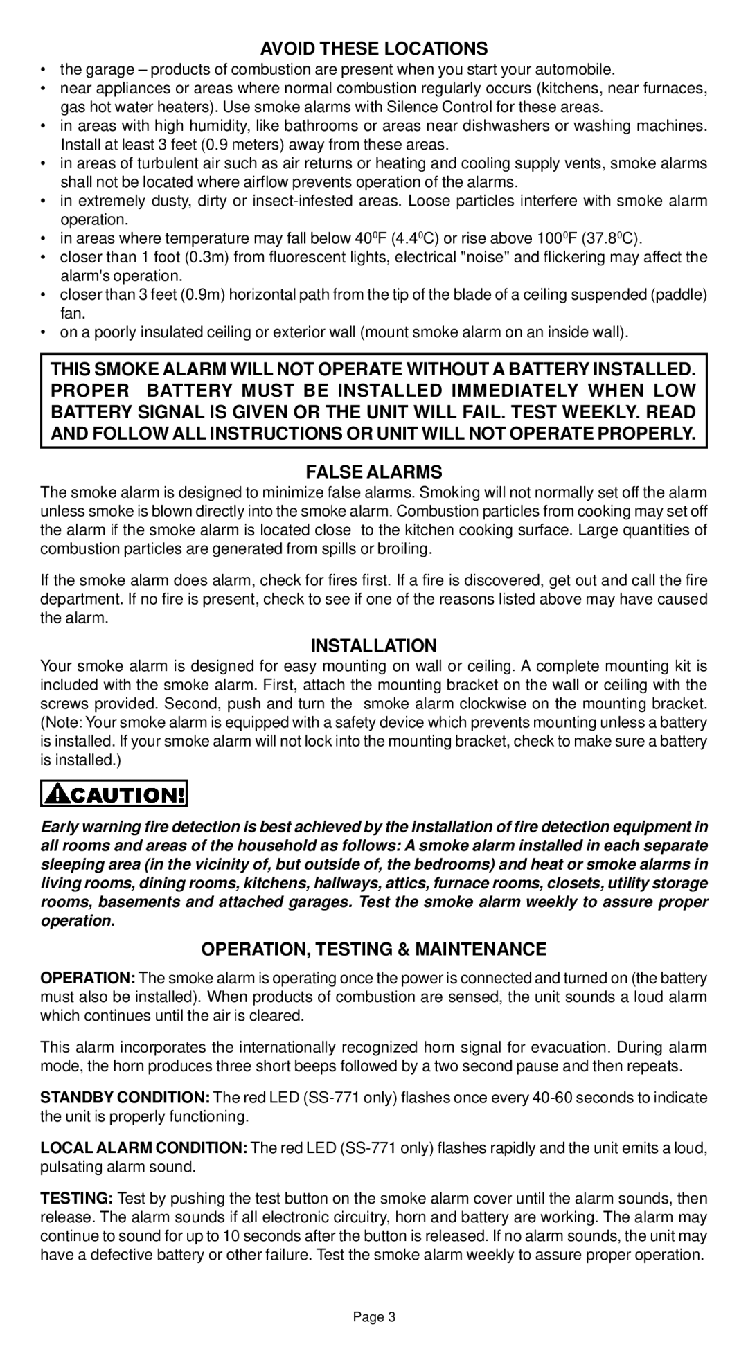 Universal SS-770, SS-771 manual Avoid These Locations, False Alarms, Installation, OPERATION, Testing & Maintenance 