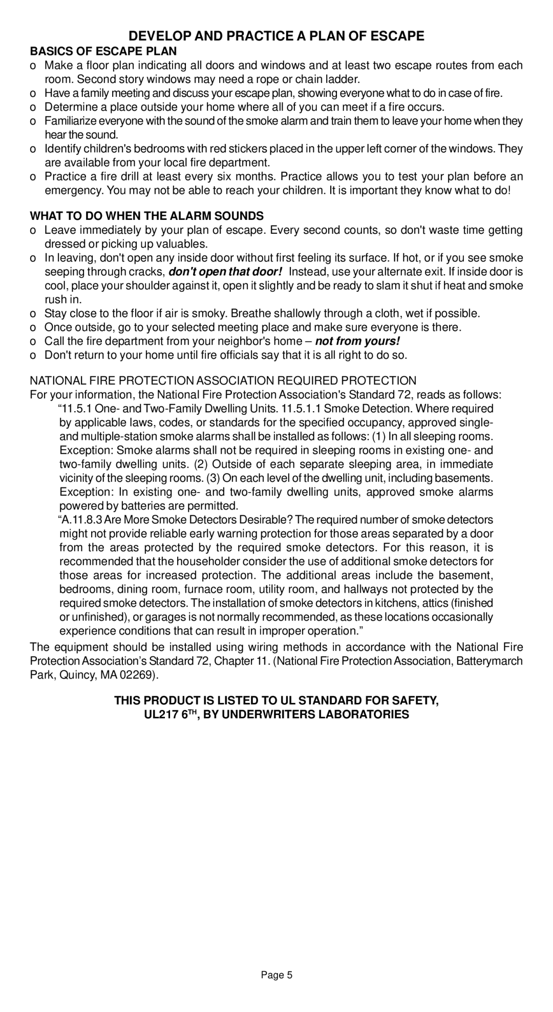 Universal SS-770, SS-771 Develop and Practice a Plan of Escape, Basics of Escape Plan, What to do When the Alarm Sounds 