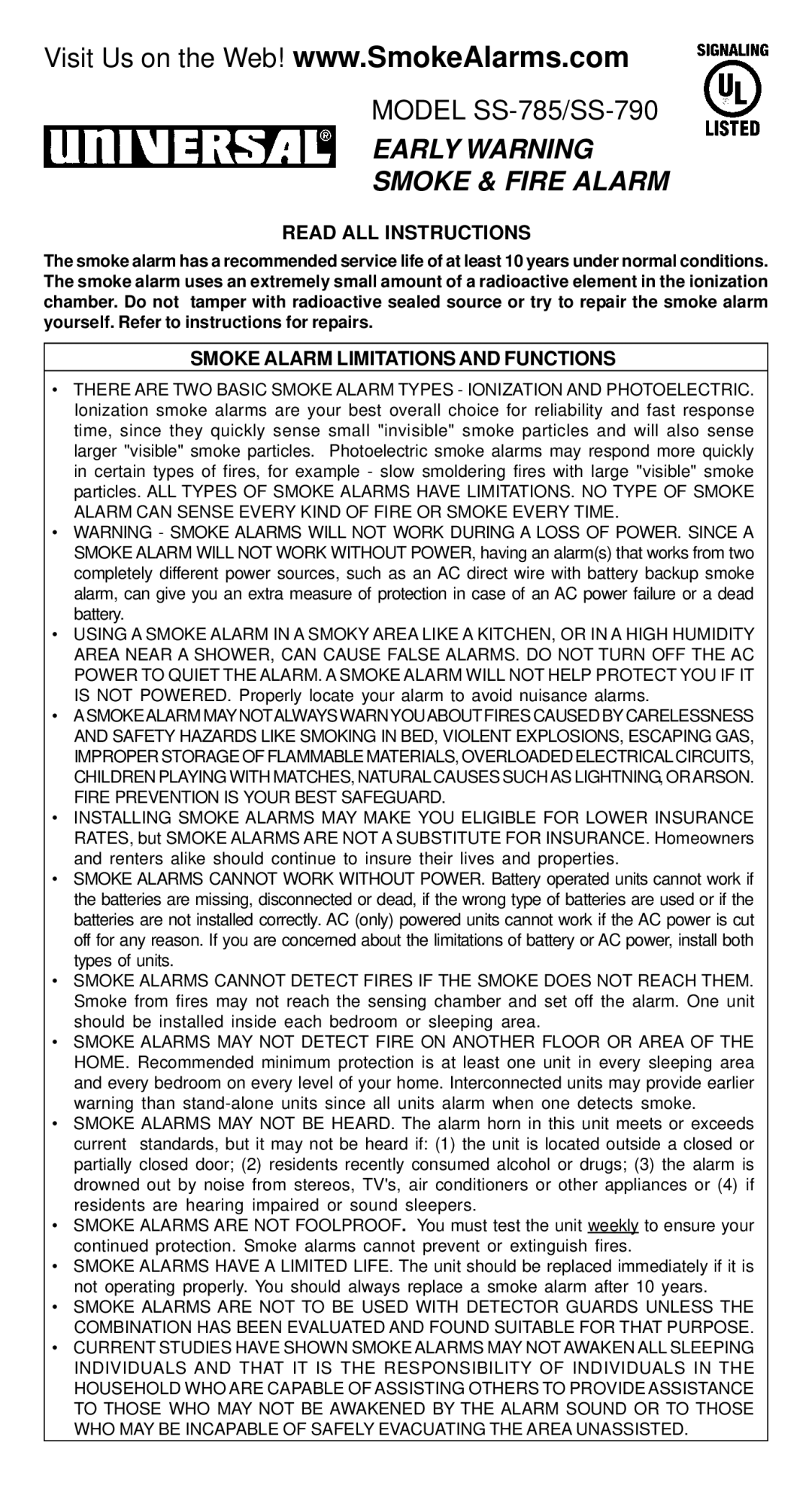 Universal SS-785, SS-790 manual Read ALL Instructions, Smoke Alarm Limitations and Functions 