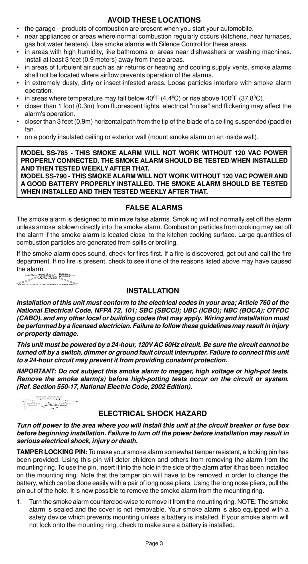 Universal SS-785, SS-790 manual Avoid These Locations, False Alarms, Installation, Electrical Shock Hazard 