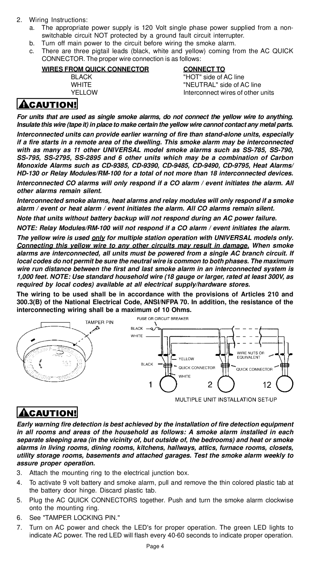 Universal SS-790, SS-785 manual Wires from Quick Connector Connect to, Black, White, Yellow 