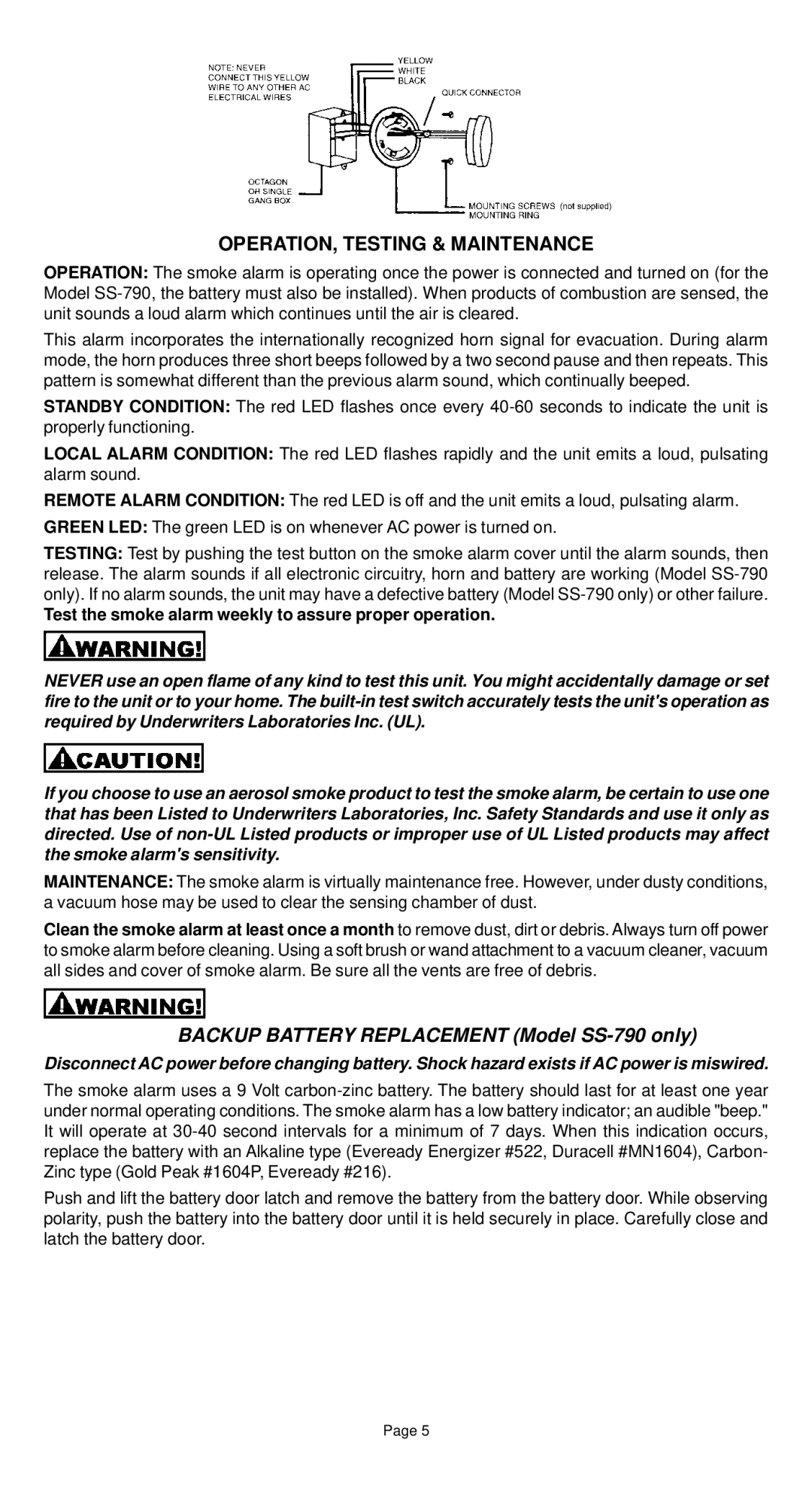 Universal SS-785 manual OPERATION, Testing & Maintenance, Backup Battery Replacement Model SS-790 only 