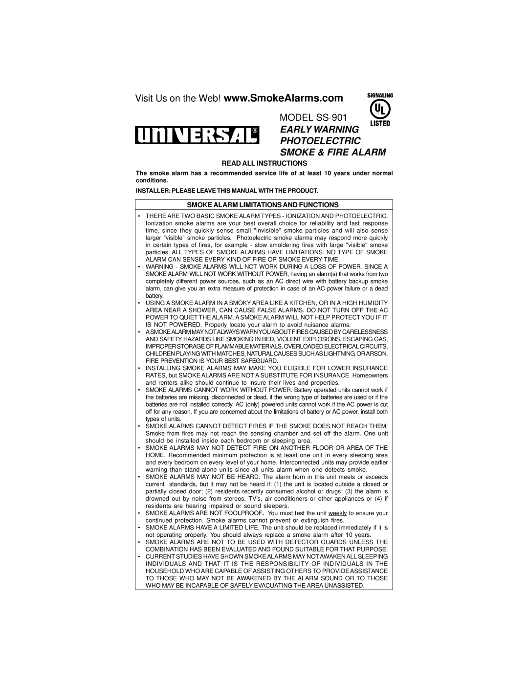 Universal SS-901 manual Read ALL Instructions, Smoke Alarm Limitations and Functions 