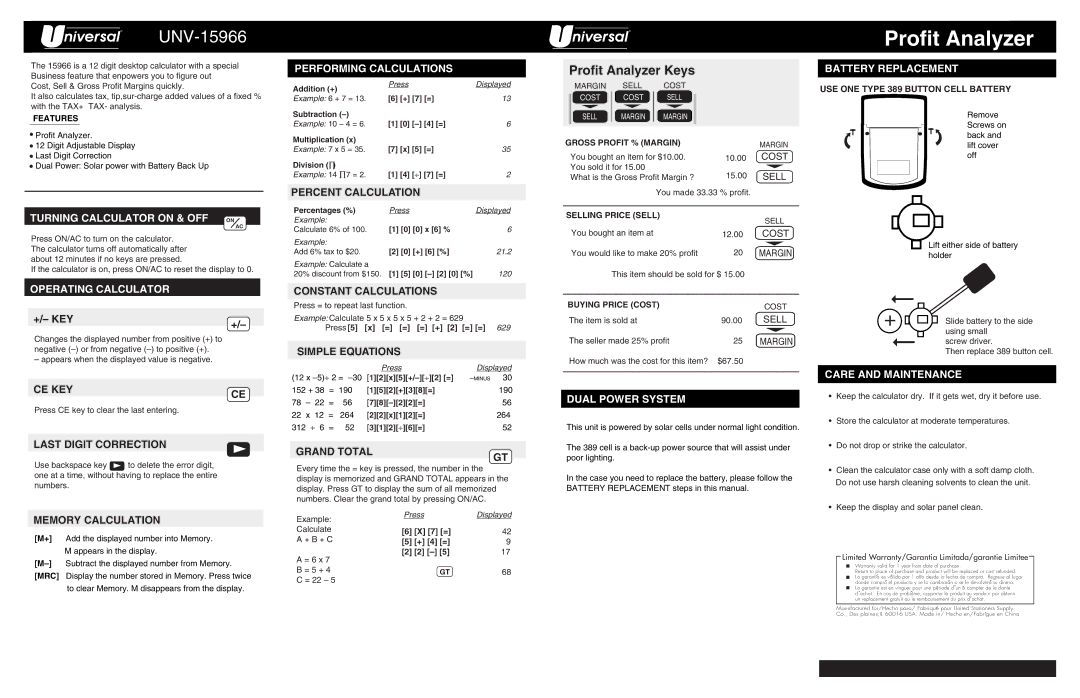 Universal UNV-15966 warranty Turning Calculator on & OFF on, Operating Calculator, Performing Calculations 