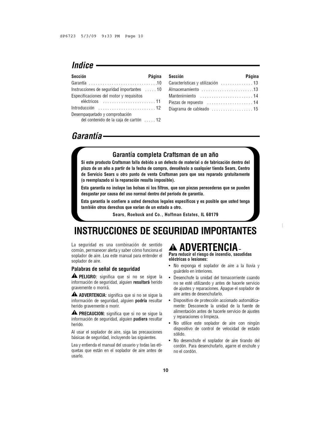 Univex 113.171500 owner manual Garantia, Indice, Palabras de serial de seguridad, Secci6n 