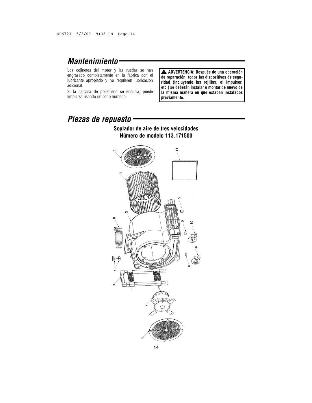 Univex 113.171500 owner manual Mantenimiento, Piezasde repuesto 