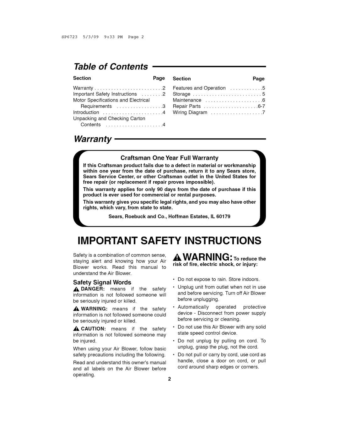 Univex 113.171500 owner manual Table of Contents, Warranty 