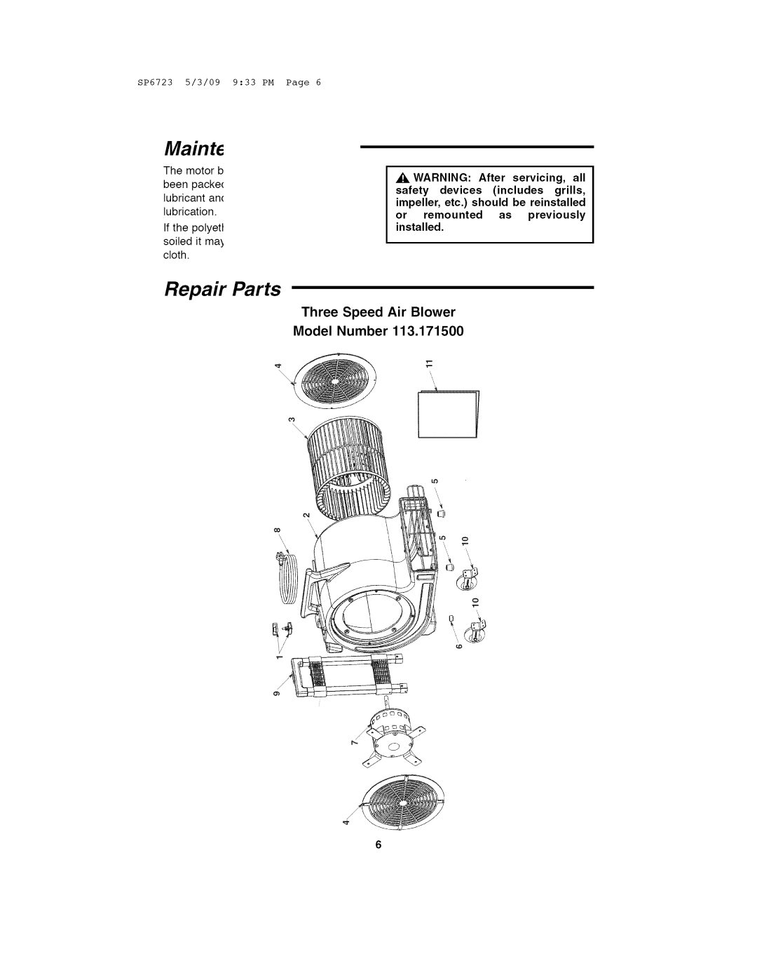 Univex 113.171500 owner manual Maint, Repair Parts, Three Speed Air Blower Model Number, Previously 