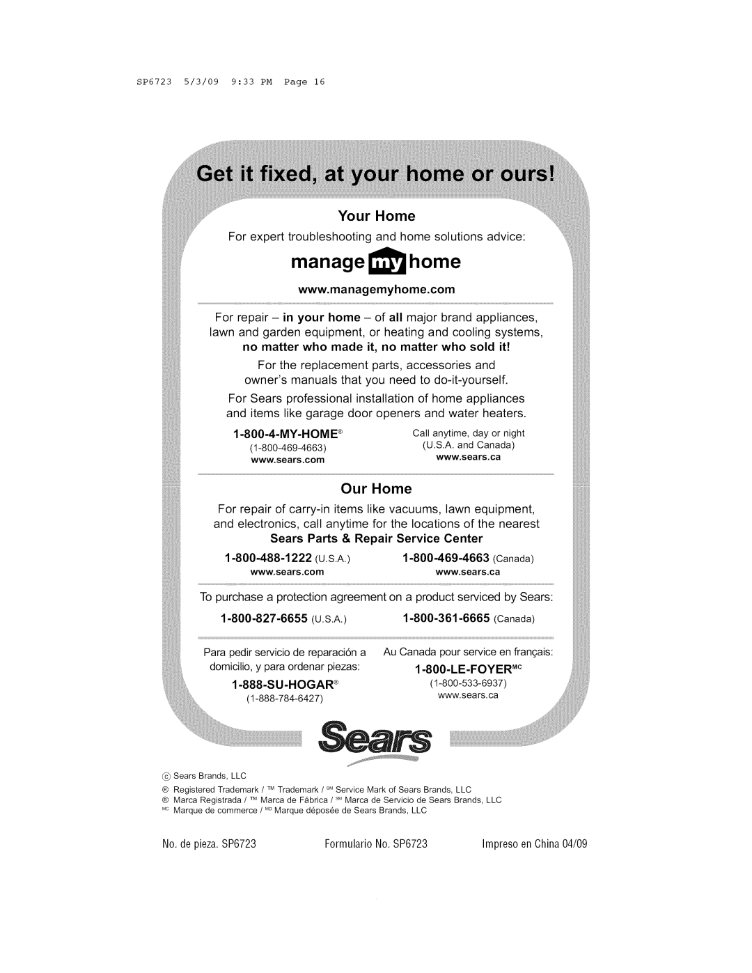 Univex 113.171500 manage home, Your Home, Our Home, My-Home, Sears Parts & Repair Service Center, Canada, LE-FOYER Mc 