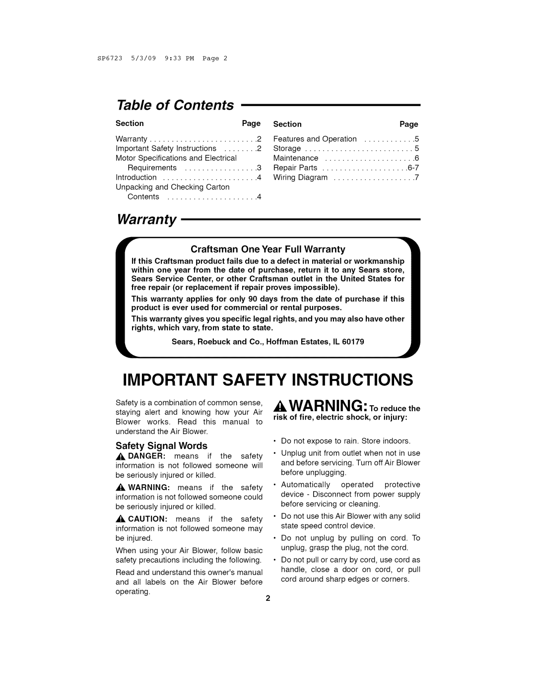 Univex 113.171500 Important Safety Instructions, A WARNING: Toreducethe, Table of Contents, Warranty, Craftsman 