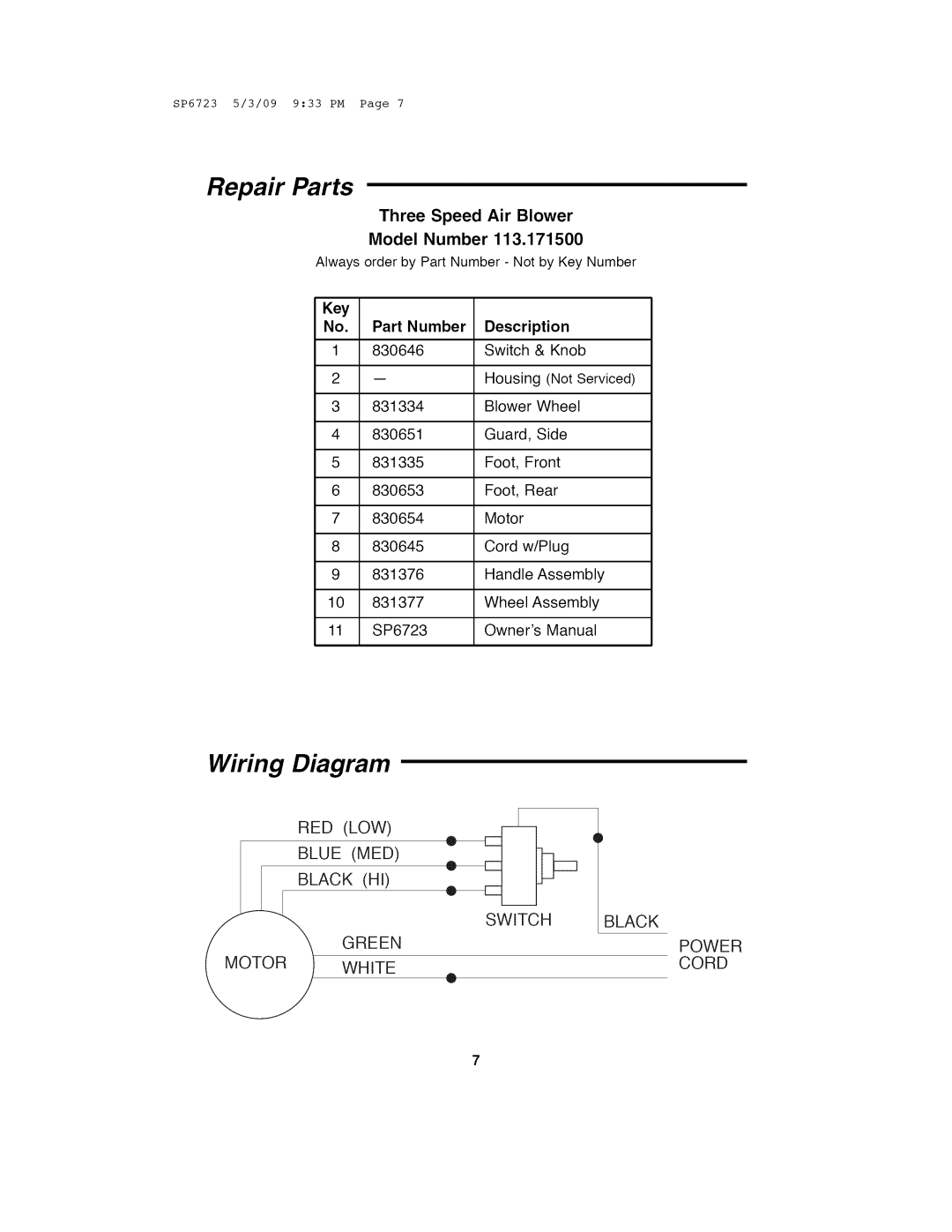 Univex 17150 Wiring, Part Number, Description, Repair Parts, Diagram, LACK H0, Three Speed Air Blower Model Number 