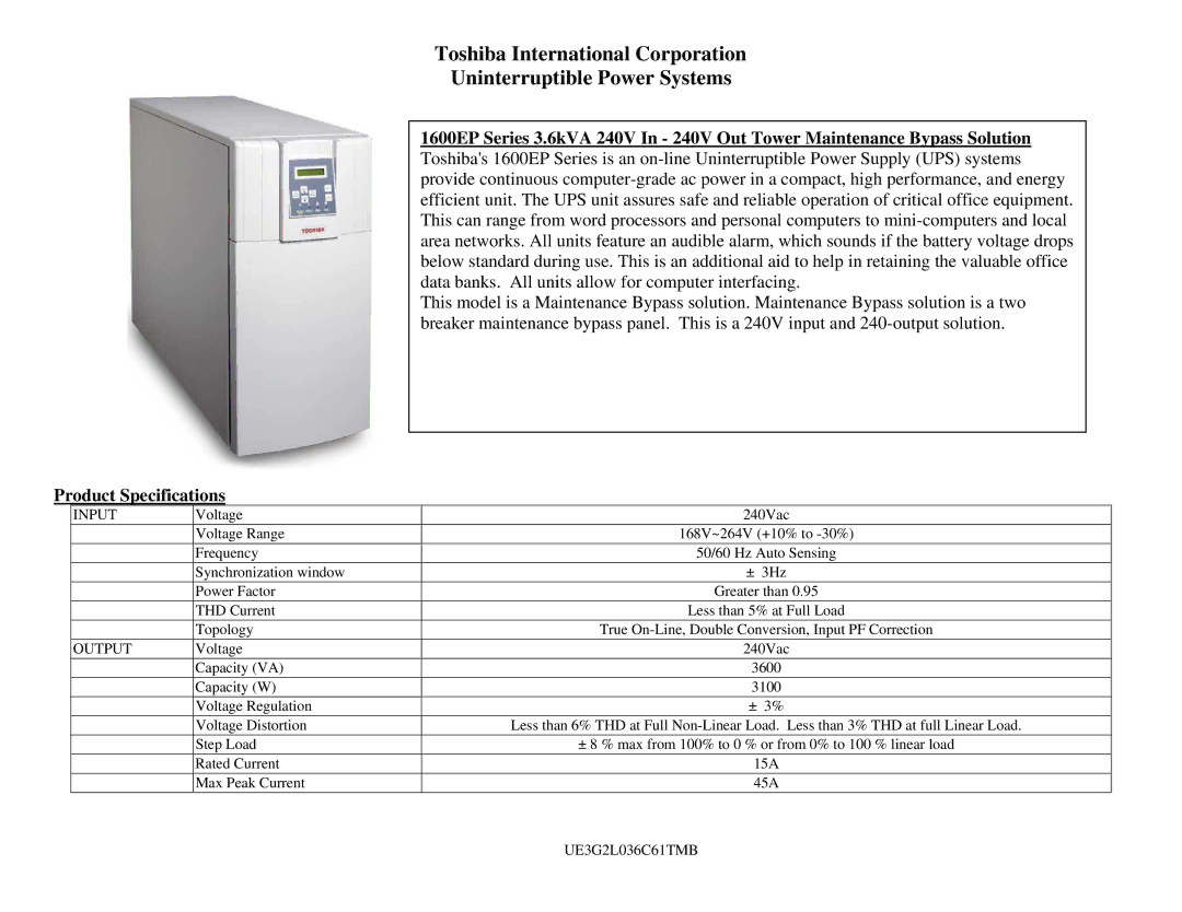 Univex 1600 Series specifications Product Specifications, Input, Output, UE3G2L036C61TMB 