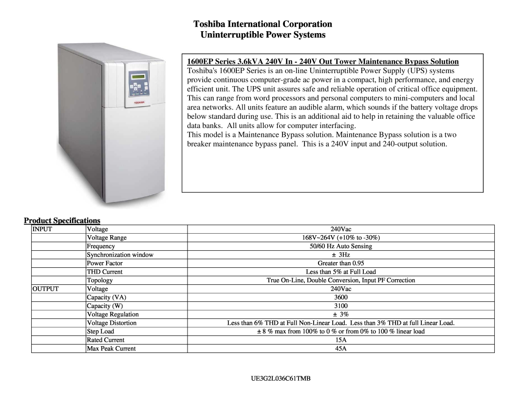 Univex 1600 Series specifications Toshiba International Corporation Uninterruptible Power Systems 