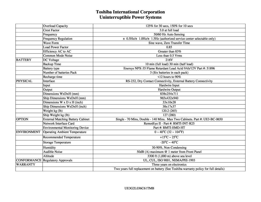 Univex 1600 Series specifications Toshiba International Corporation, Uninterruptible Power Systems 
