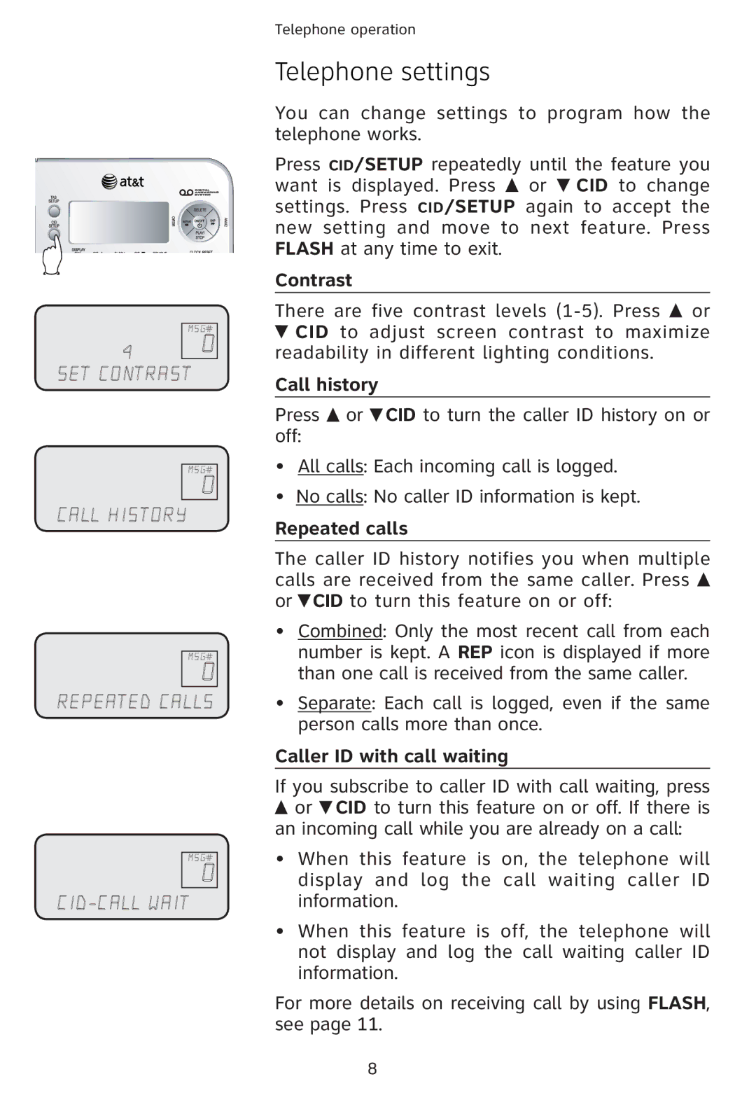 Univex 1856 user manual Telephone settings, Contrast, Call history, Repeated calls, Caller ID with call waiting 