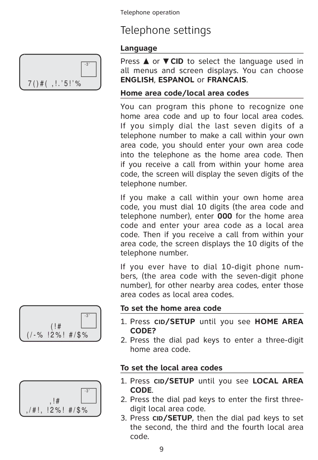 Univex 1856 user manual Language, Home area code/local area codes, To set the home area code, To set the local area codes 