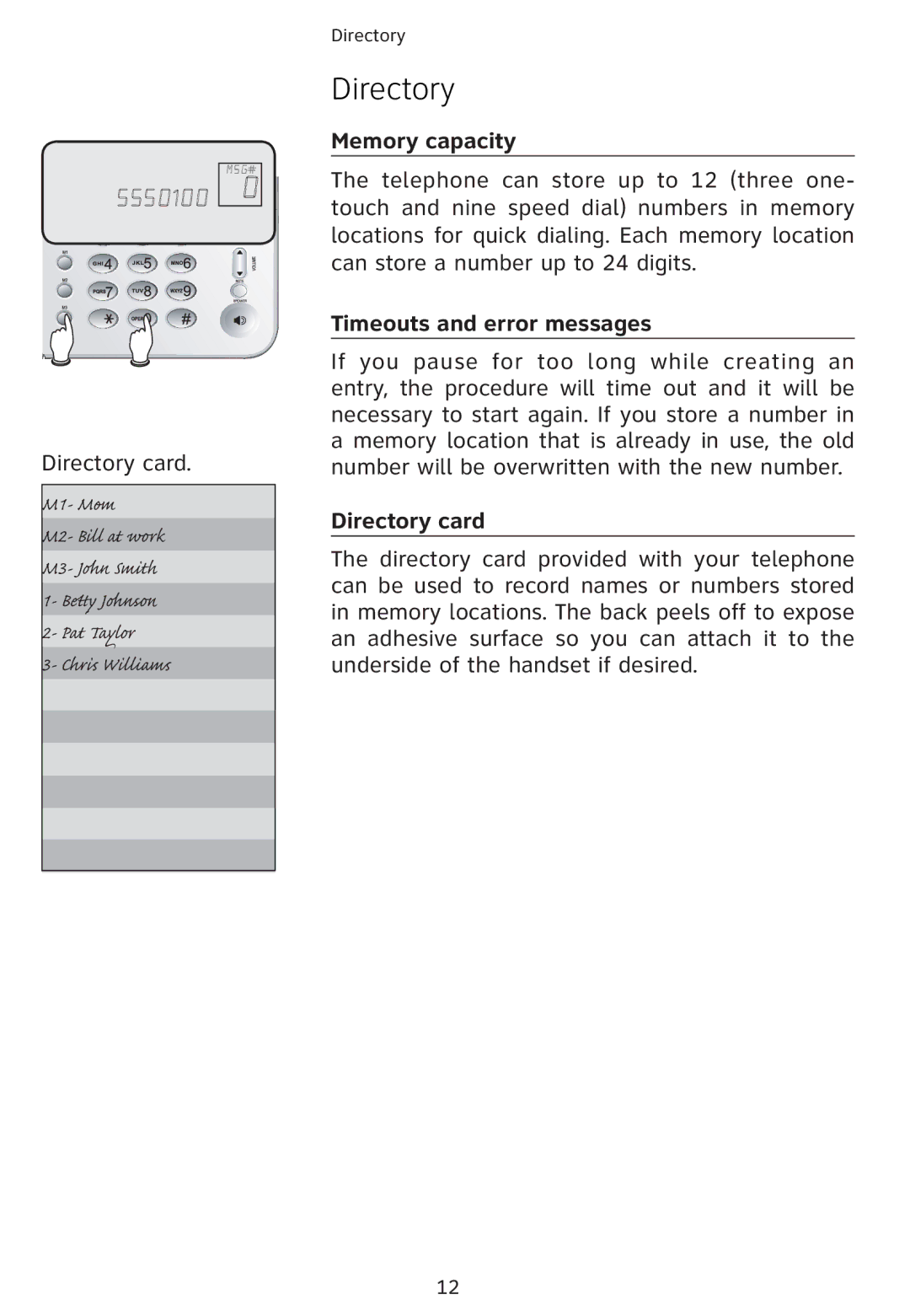 Univex 1856 user manual Memory capacity, Timeouts and error messages, Directory card 