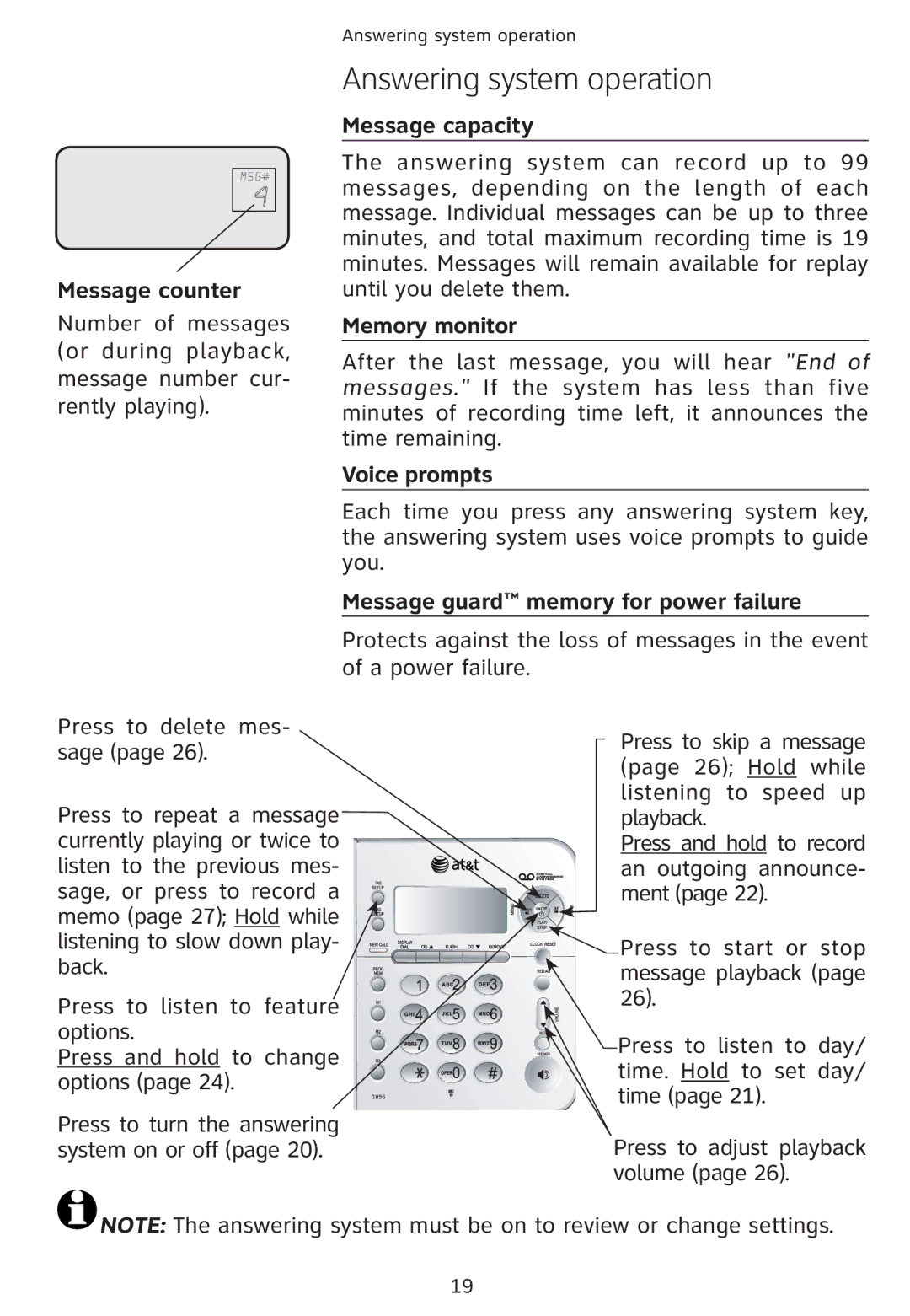 Univex 1856 Message counter, Message capacity, Memory monitor, Voice prompts, Message guard memory for power failure 