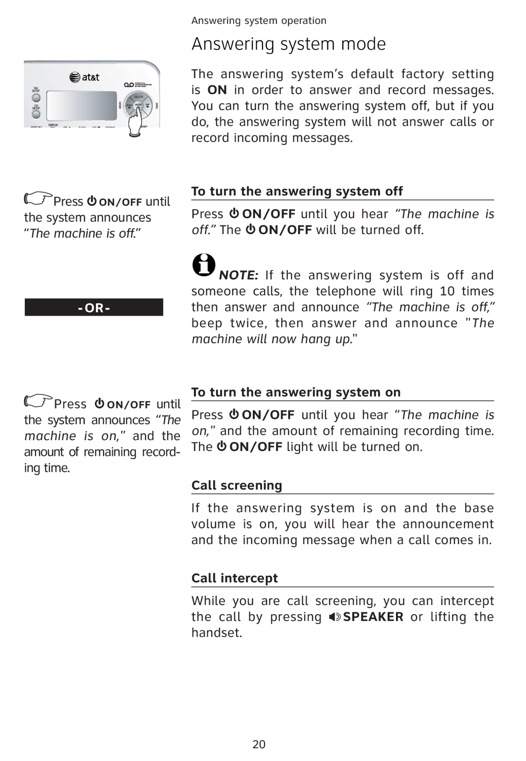 Univex 1856 Answering system mode, To turn the answering system off, To turn the answering system on, Call screening 