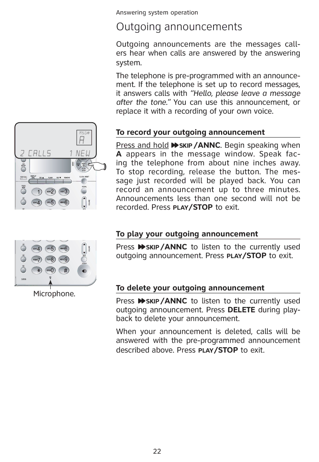 Univex 1856 user manual Outgoing announcements, To record your outgoing announcement, To play your outgoing announcement 