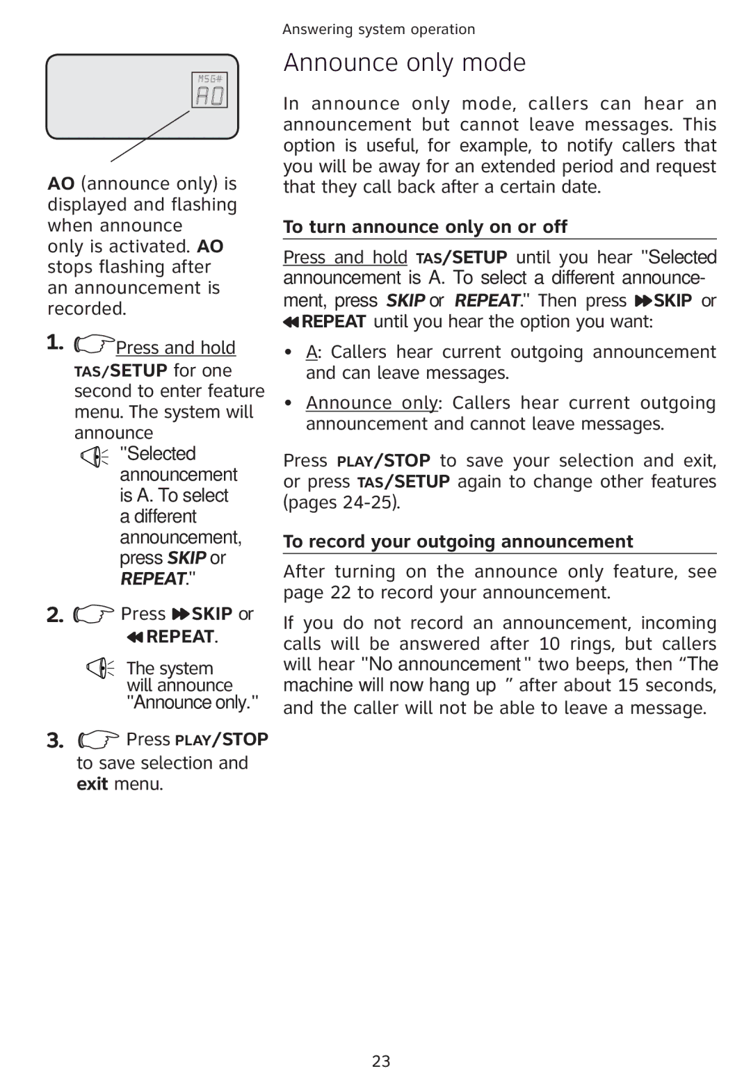 Univex 1856 user manual Announce only mode, To turn announce only on or off 