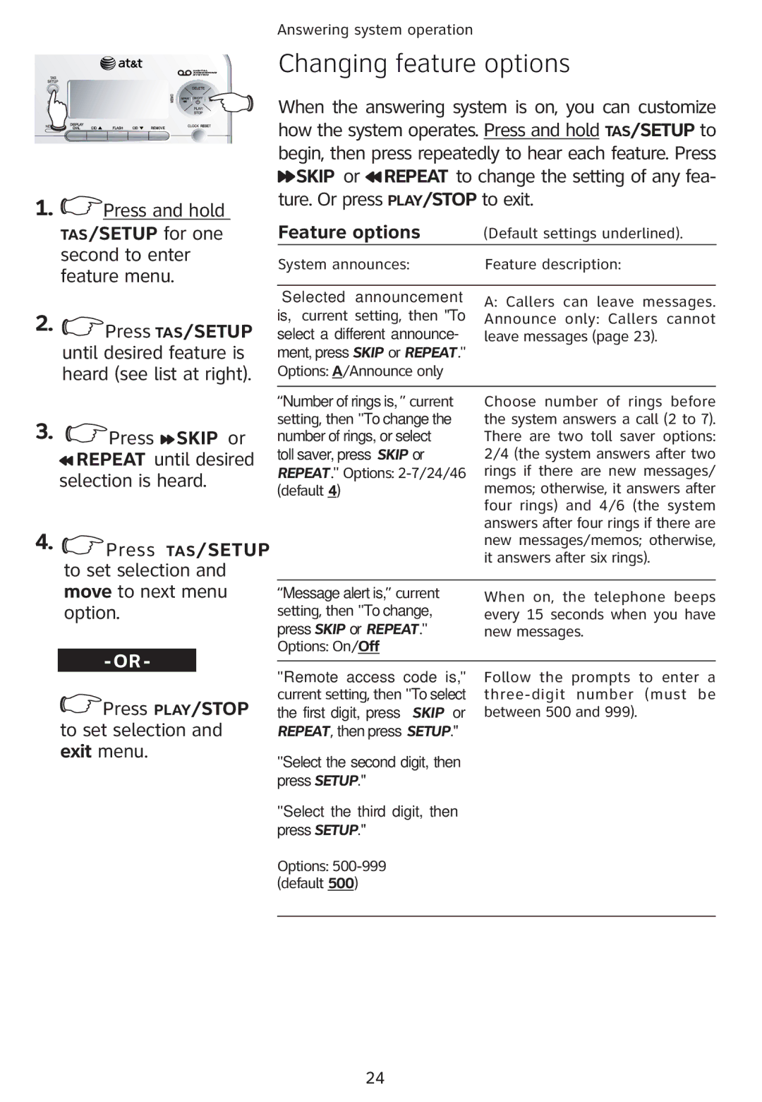 Univex 1856 user manual Changing feature options, Feature options, Skip or 