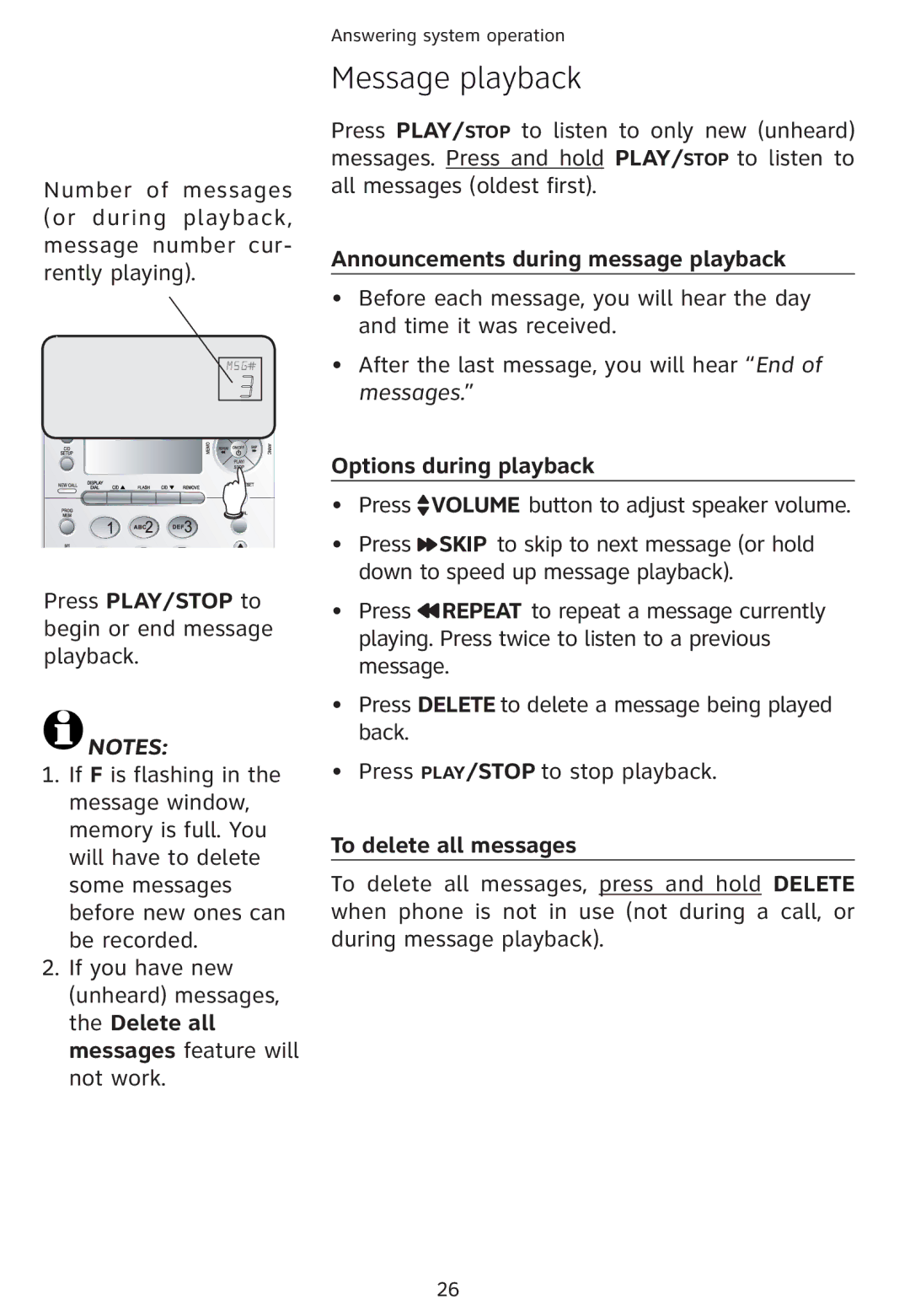 Univex 1856 Message playback, Announcements during message playback, Options during playback, To delete all messages 