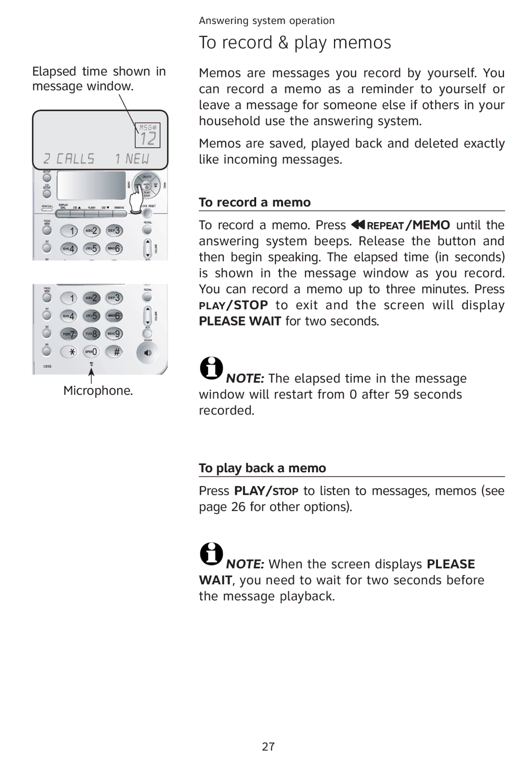 Univex 1856 user manual To record & play memos, To record a memo, To play back a memo 