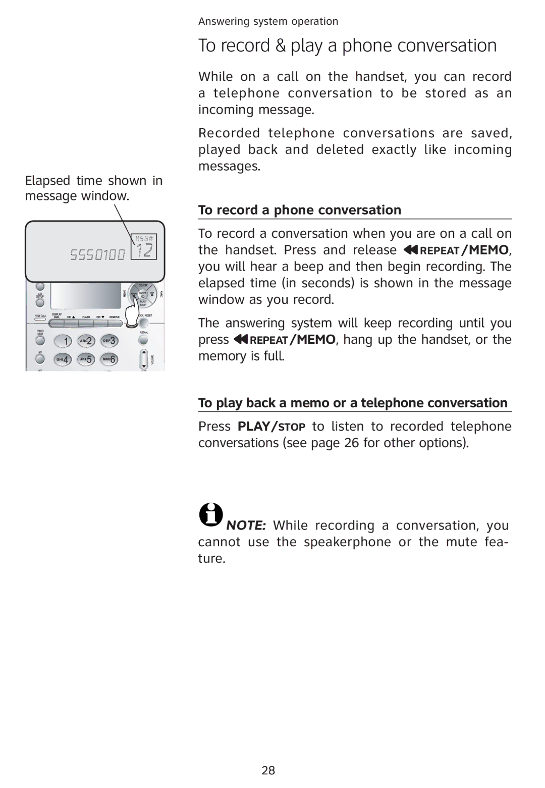 Univex 1856 user manual To record & play a phone conversation, To record a phone conversation 