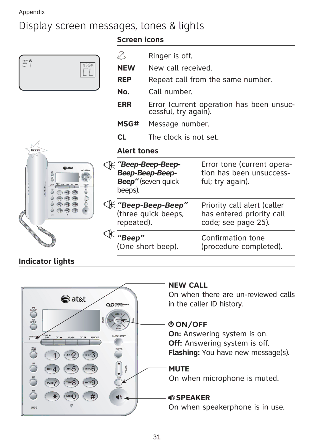 Univex 1856 user manual Display screen messages, tones & lights, Screen icons, Alert tones, Indicator lights, On/Off 