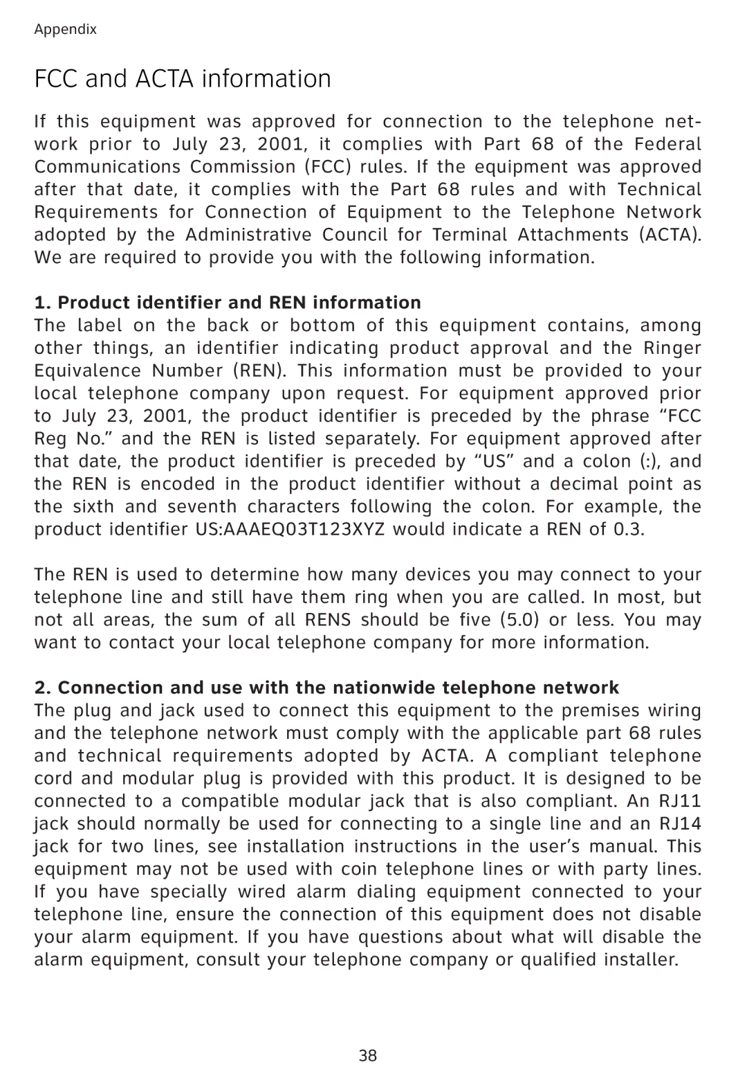 Univex 1856 user manual FCC and Acta information, Product identifier and REN information 