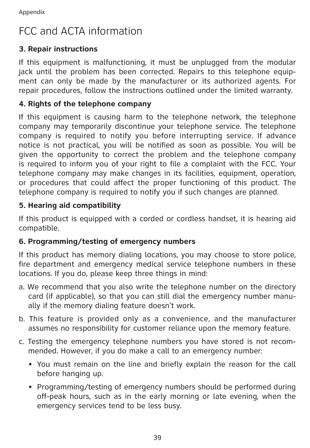 Univex 1856 user manual Repair instructions, Rights of the telephone company, Hearing aid compatibility 