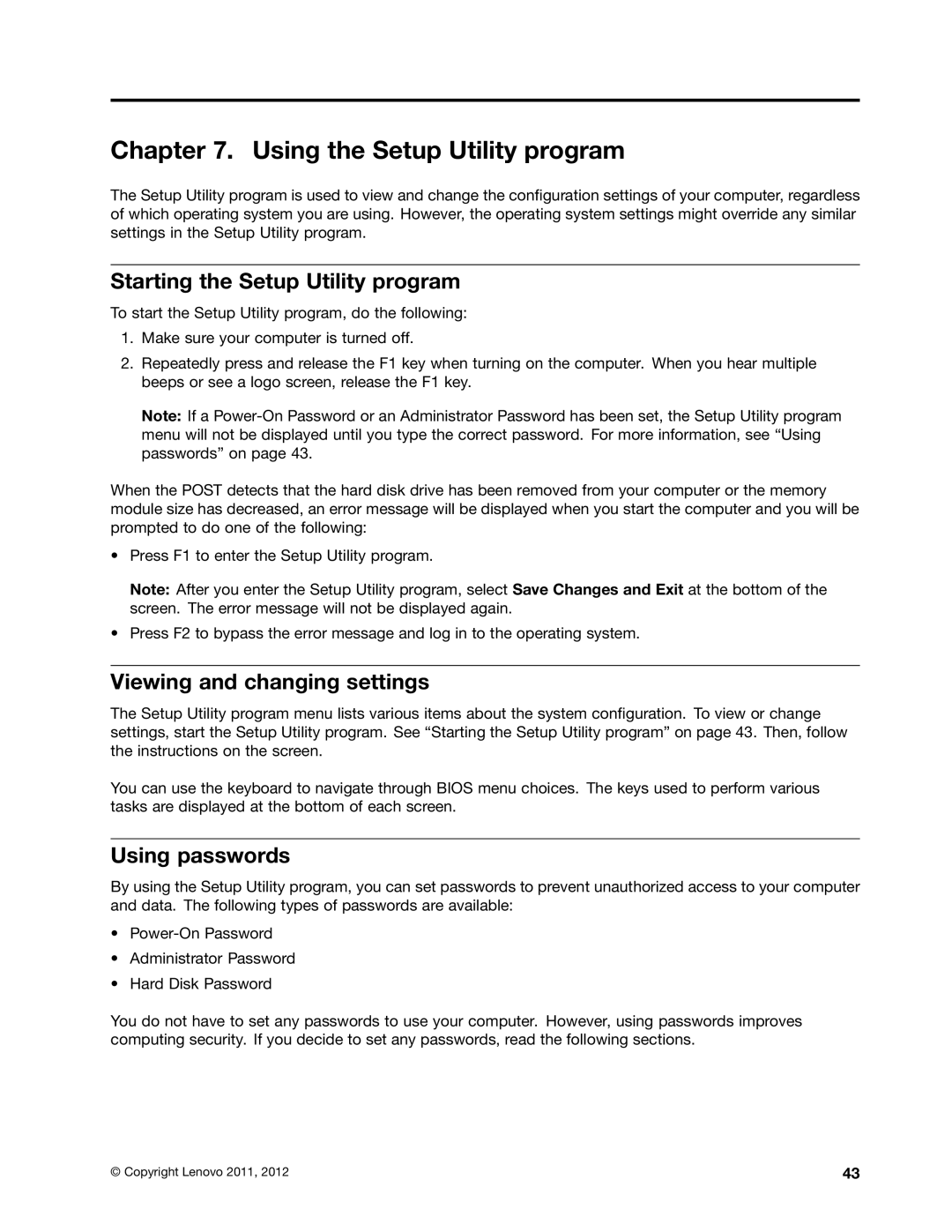 Univex 1837, 1962, 1966 Using the Setup Utility program, Starting the Setup Utility program, Viewing and changing settings 