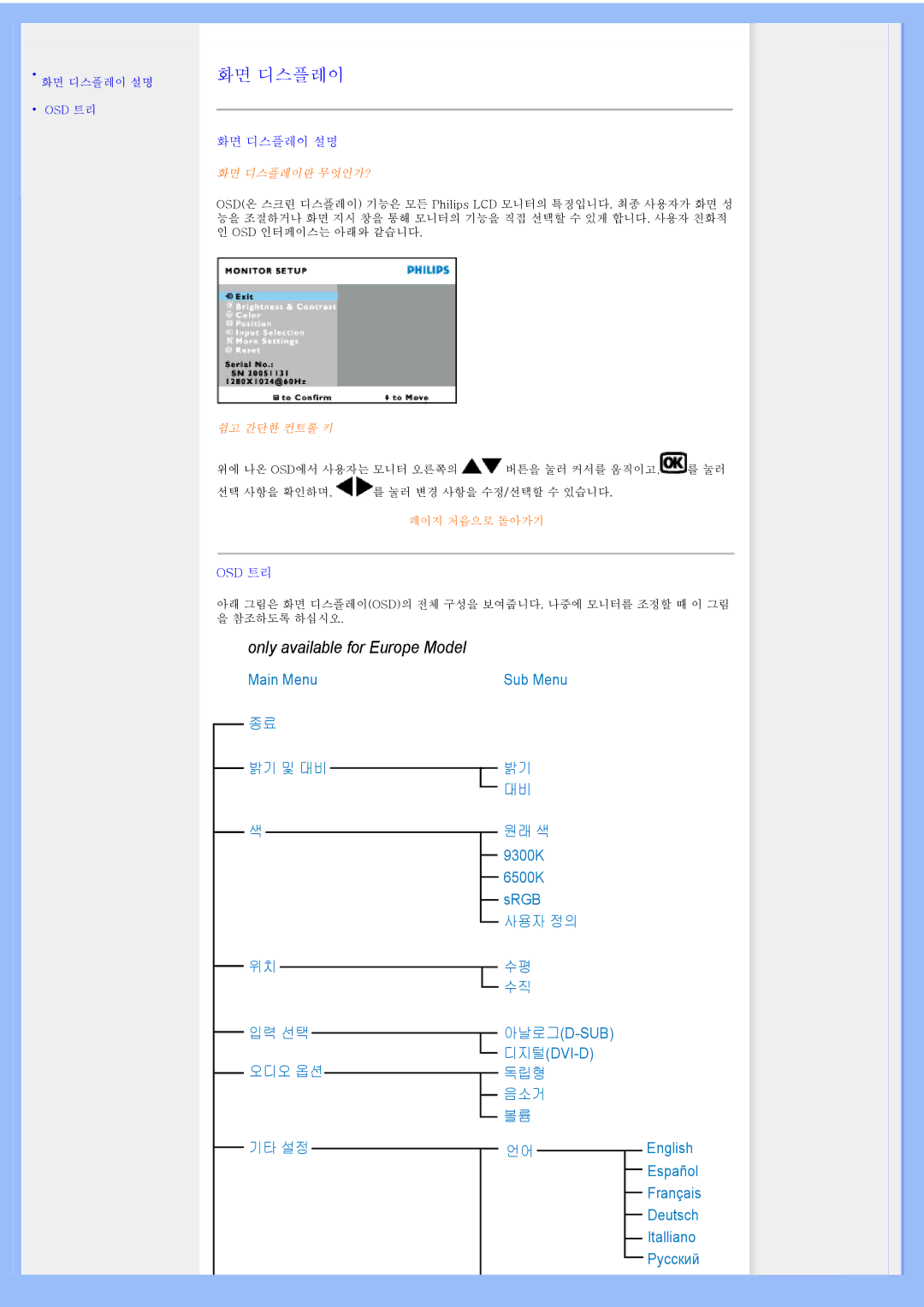 Univex 200BW8 user manual 화면 디스플레이 설명, Osd 트리 