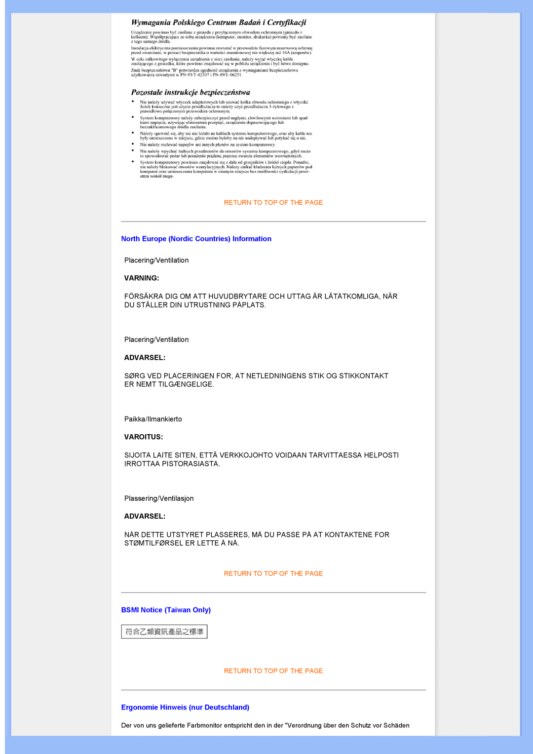 Univex 200BW8 user manual North Europe Nordic Countries Information, Varning, Advarsel, Varoitus, BSMI Notice Taiwan Only 