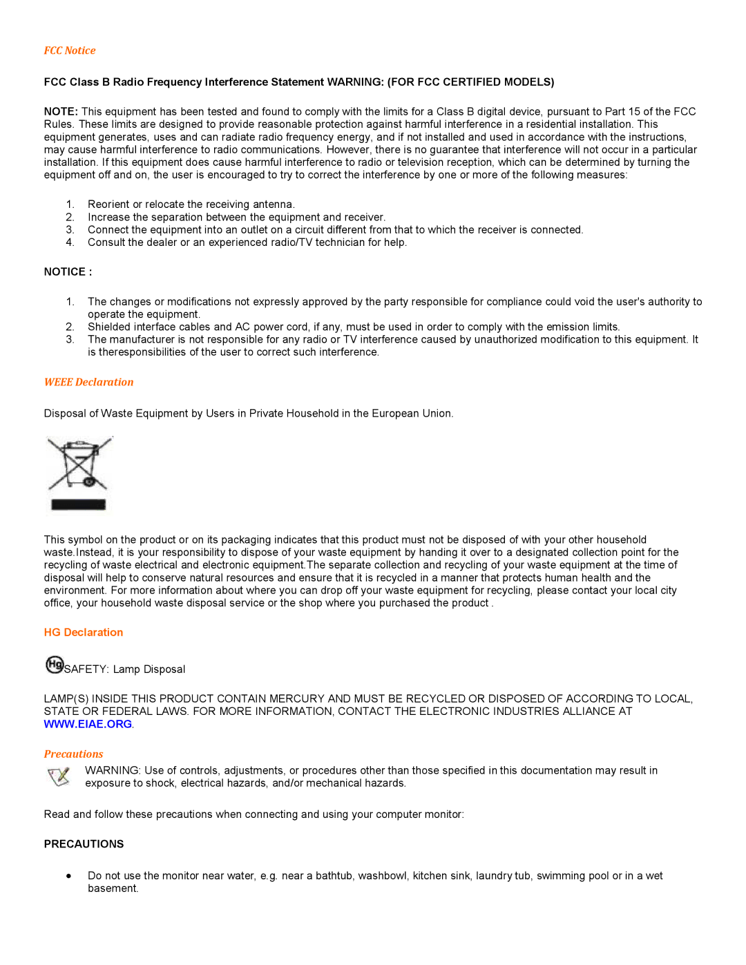 Univex 2217V user manual FCC Notice, Weee Declaration, HG Declaration, Precautions 