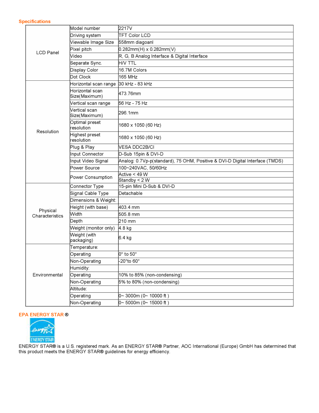 Univex 2217V user manual Specifications, Ttl, Vesa DDC2B/CI, EPA Energy Star ﬁ 