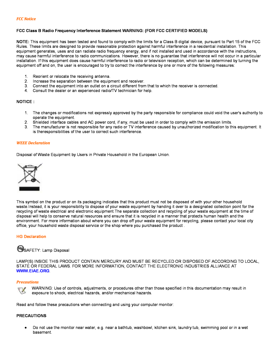 Univex 2217V user manual FCC Notice, WEEE Declaration, HG Declaration, Precautions 