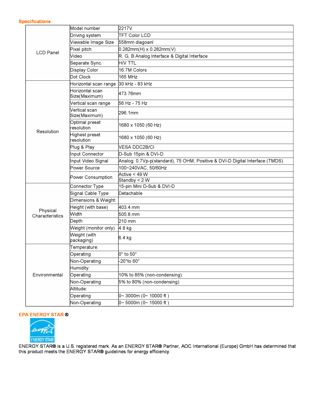 Univex 2217V user manual Specifications, EPA ENERGY STAR ﬁ 