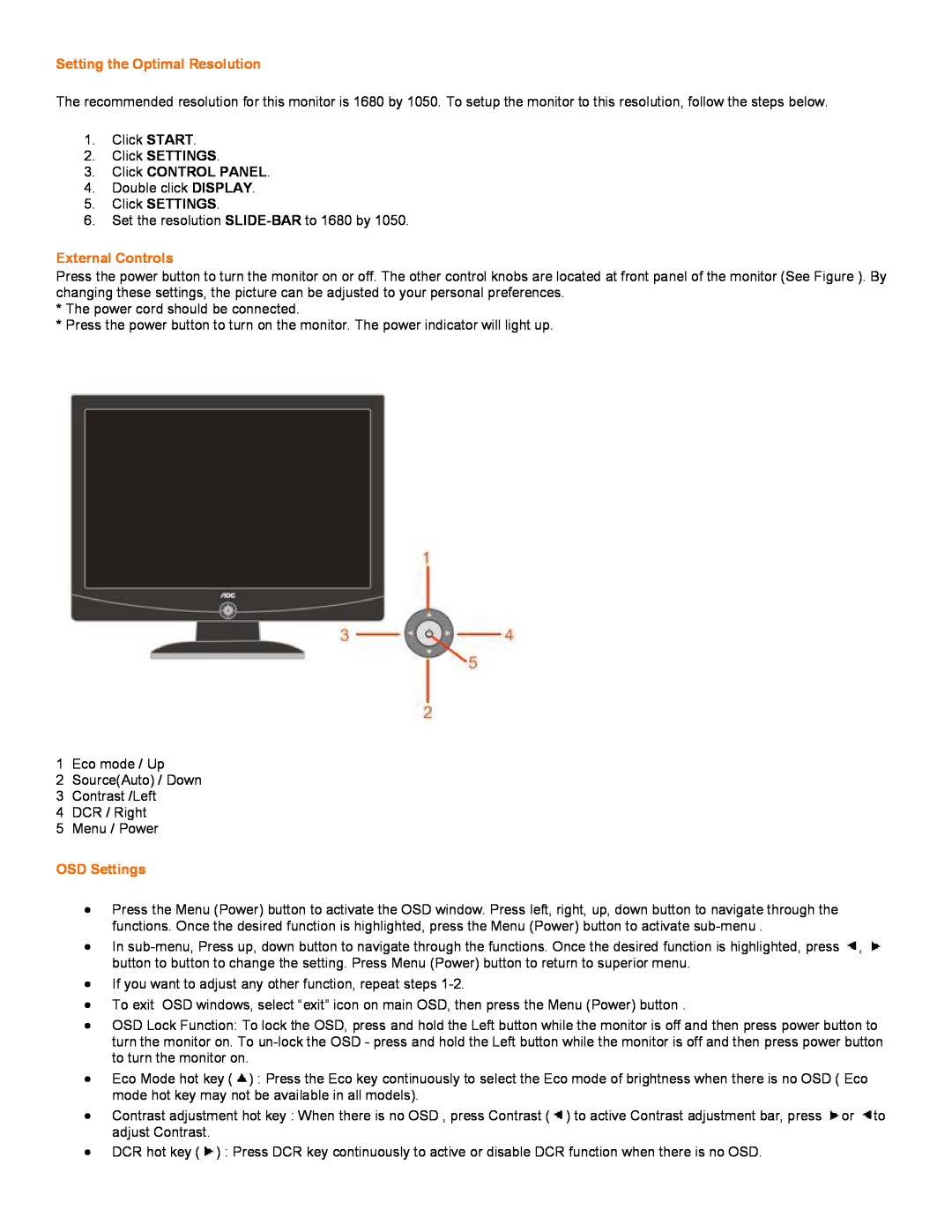 Univex 2217V user manual Setting the Optimal Resolution, External Controls, OSD Settings 