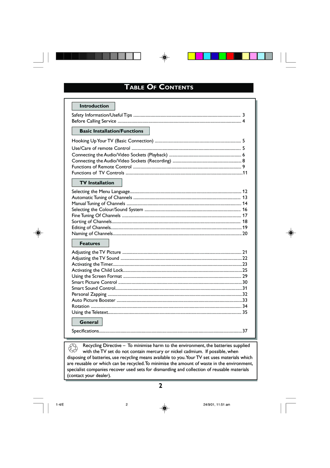 Univex 25PT2252, 29PT2252 manual Table of Contents 