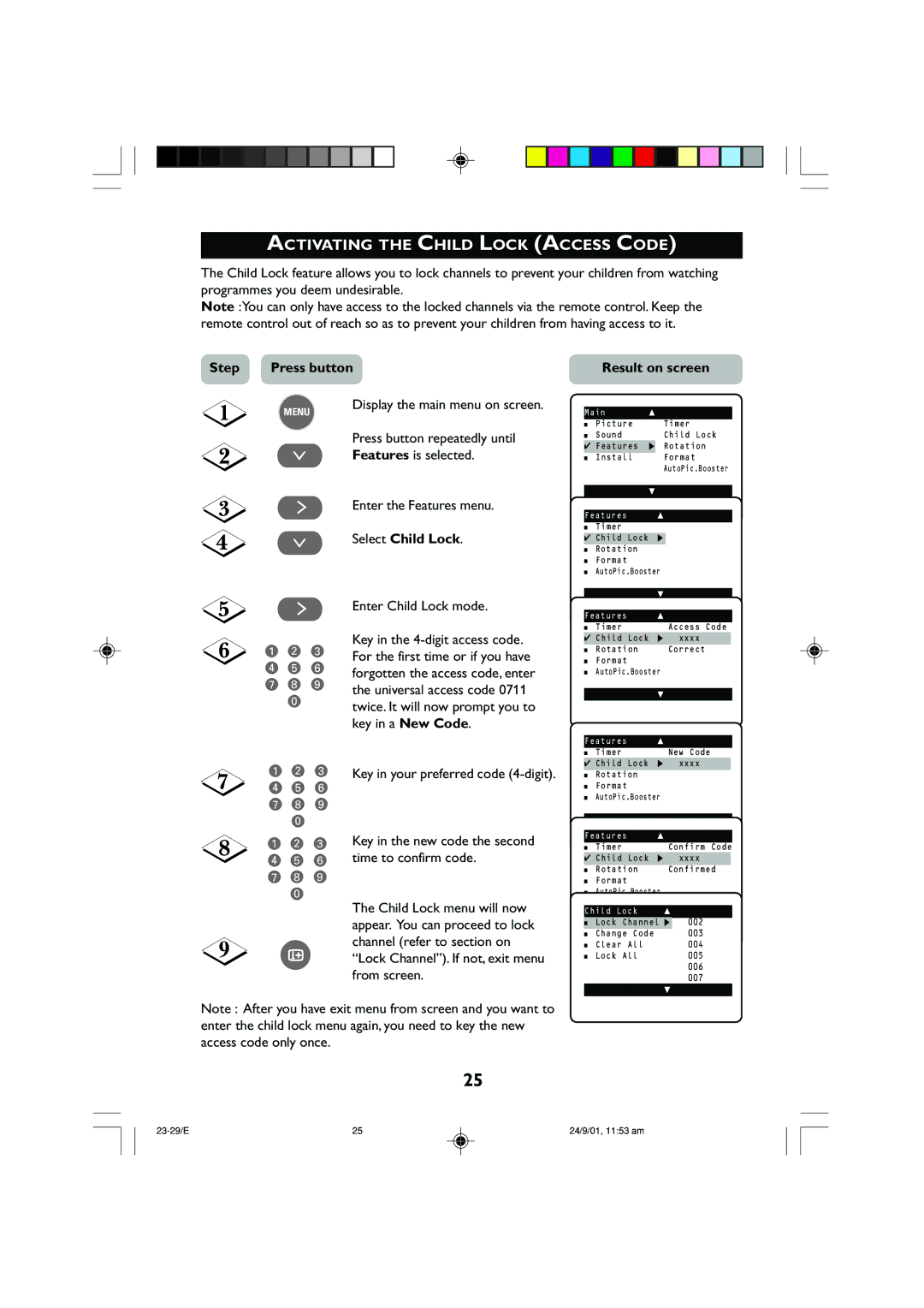 Univex 29PT2252, 25PT2252 manual Activating the Child Lock Access Code, Select Child Lock, Enter Child Lock mode 