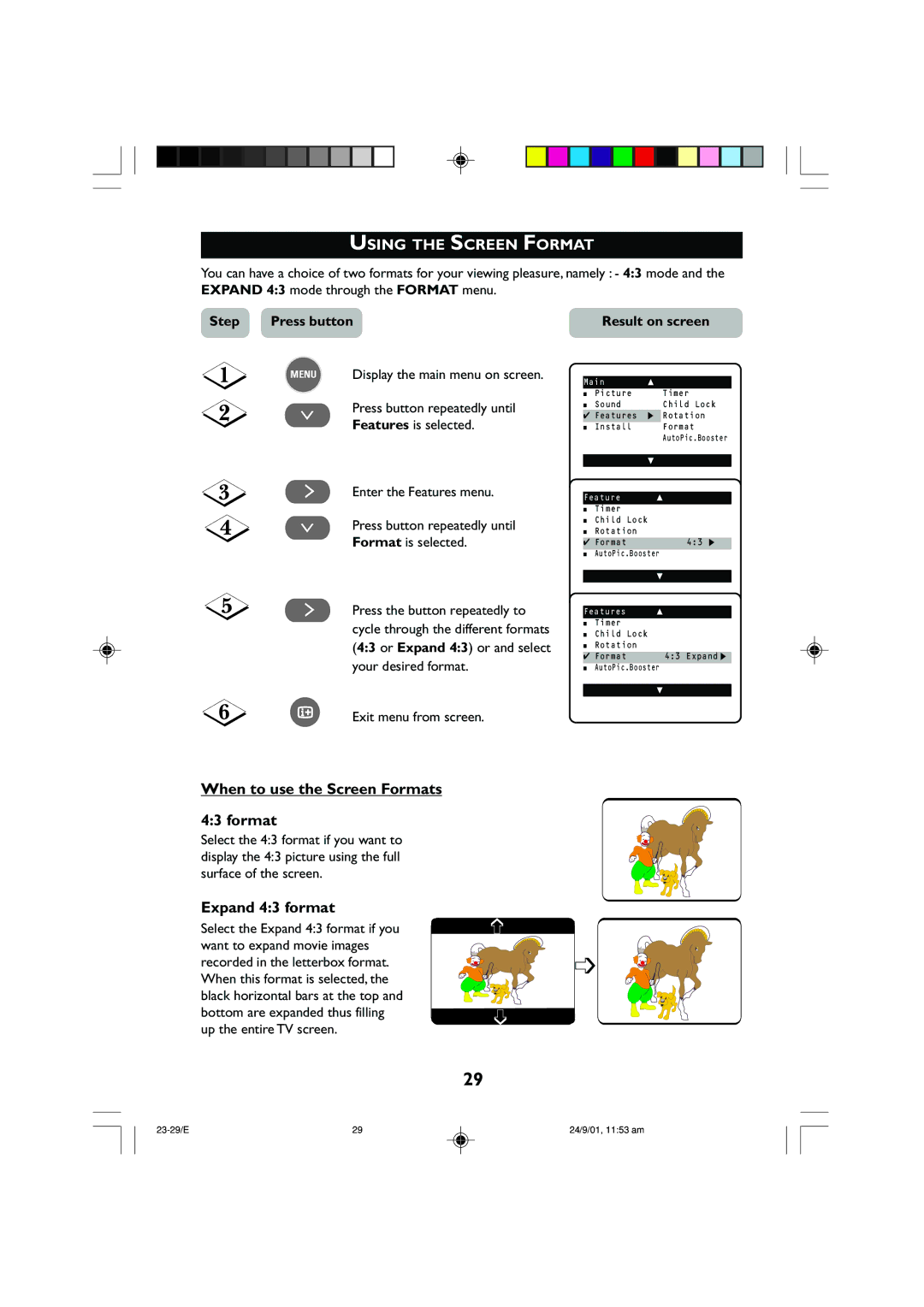 Univex 29PT2252, 25PT2252 manual Using the Screen Format, When to use the Screen Formats, Expand 43 format 