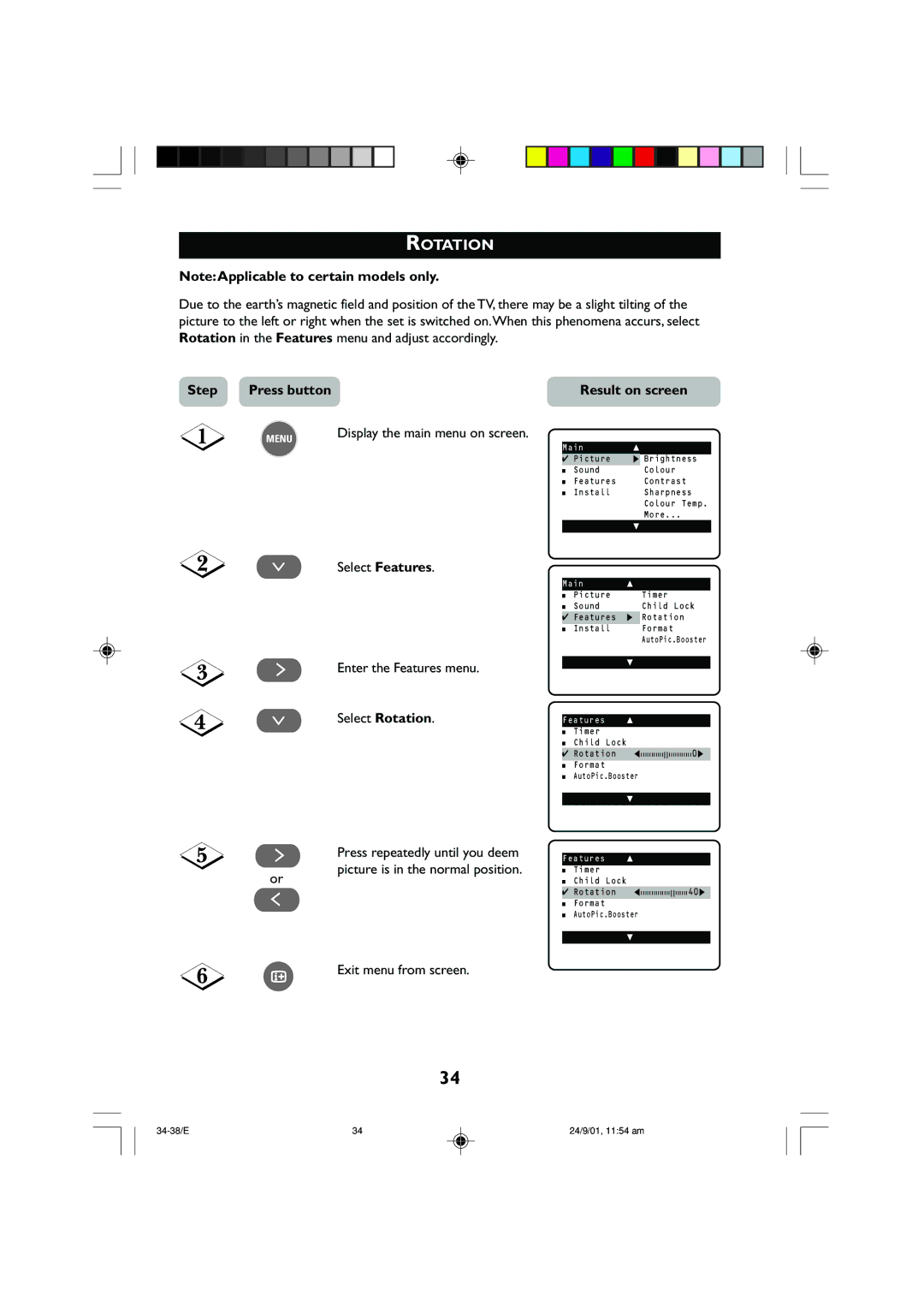 Univex 25PT2252, 29PT2252 manual Select Features, Enter the Features menu Select Rotation 