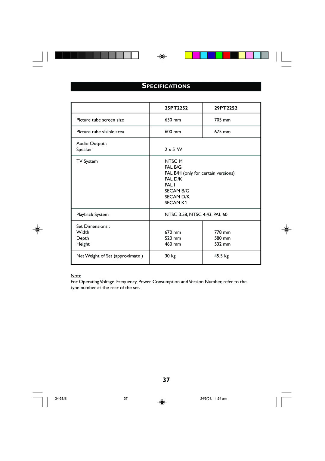 Univex manual Specifications, 25PT2252 29PT2252, PAL B/H only for certain versions 