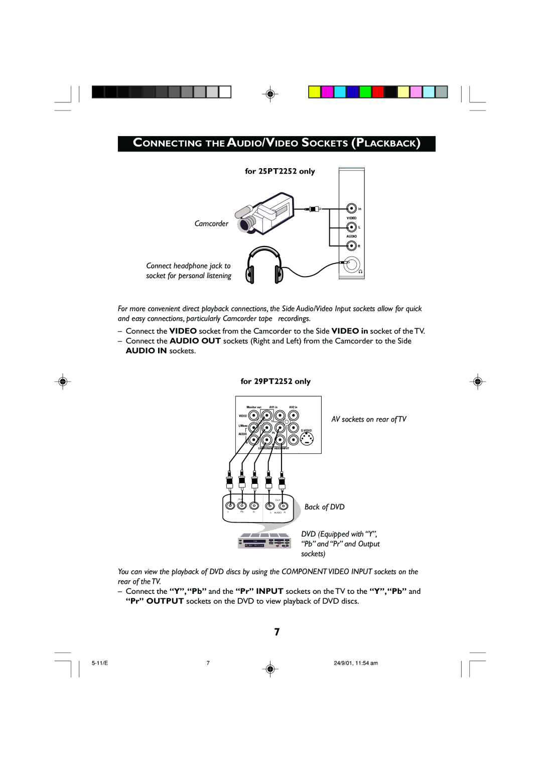 Univex manual Connecting the AUDIO/VIDEO Sockets Plackback, For 25PT2252 only, For 29PT2252 only 