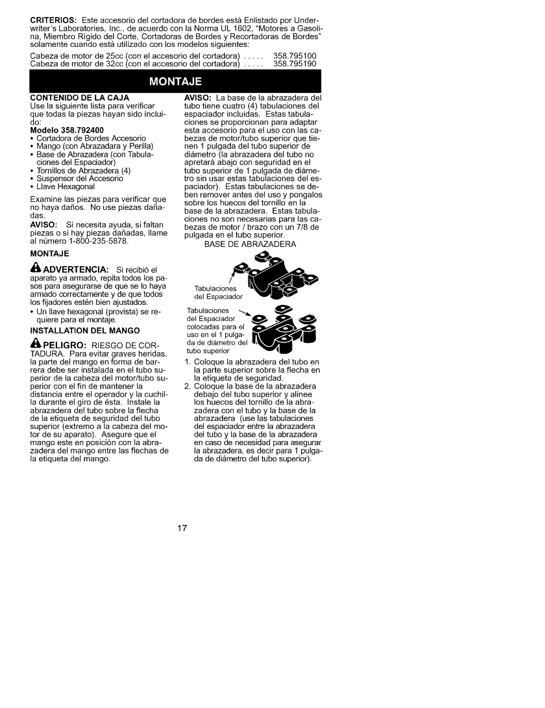 Univex 358.792400 instruction manual Contenido DE LA Caja, Modelo, Montaje, Installation DEL Mango Iipeligro Riesgo DE COR 