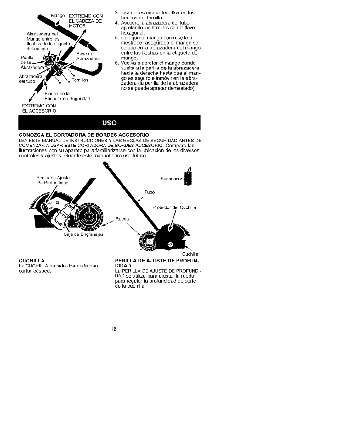 Univex 358.792400 instruction manual Conozca EL Cortadora DE Bordes Accesorio, Cuchilla, Perilla DE Ajuste DE PROFUN- Didad 