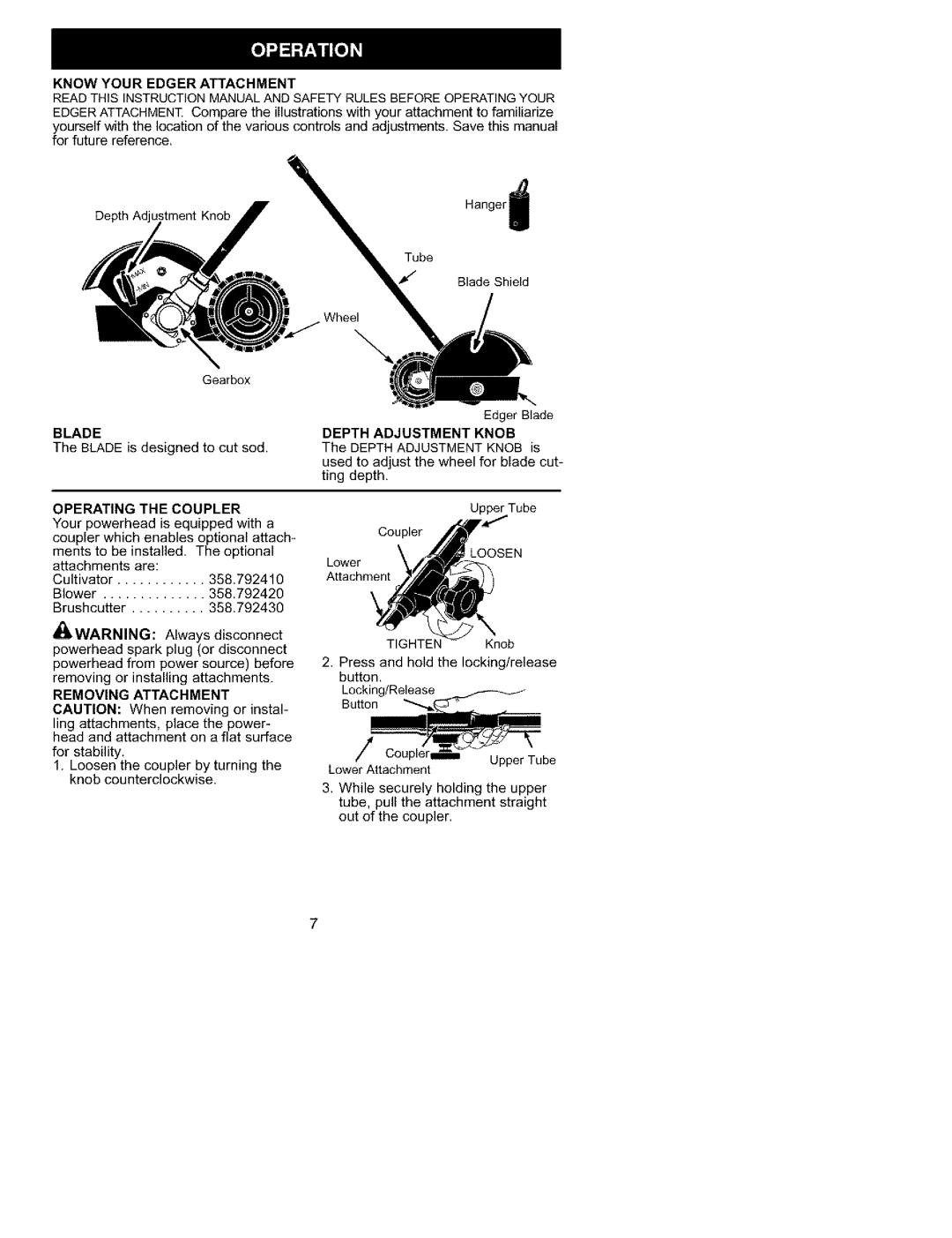 Univex 358.792400 instruction manual Know Your Edger Attachment, Blade, Operating the Coupler, Depth Adjustment Knob 